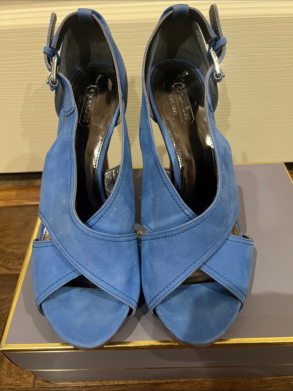 Coach Blue Suede Crisscross Open-Toe Slingback Heels